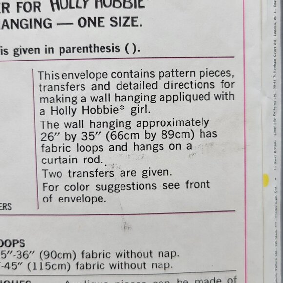 Simplicity 6544 Holly Hobbie Transfer Wall Hanging Pattern Sewing Pattern 1970s - Picture 6 of 8